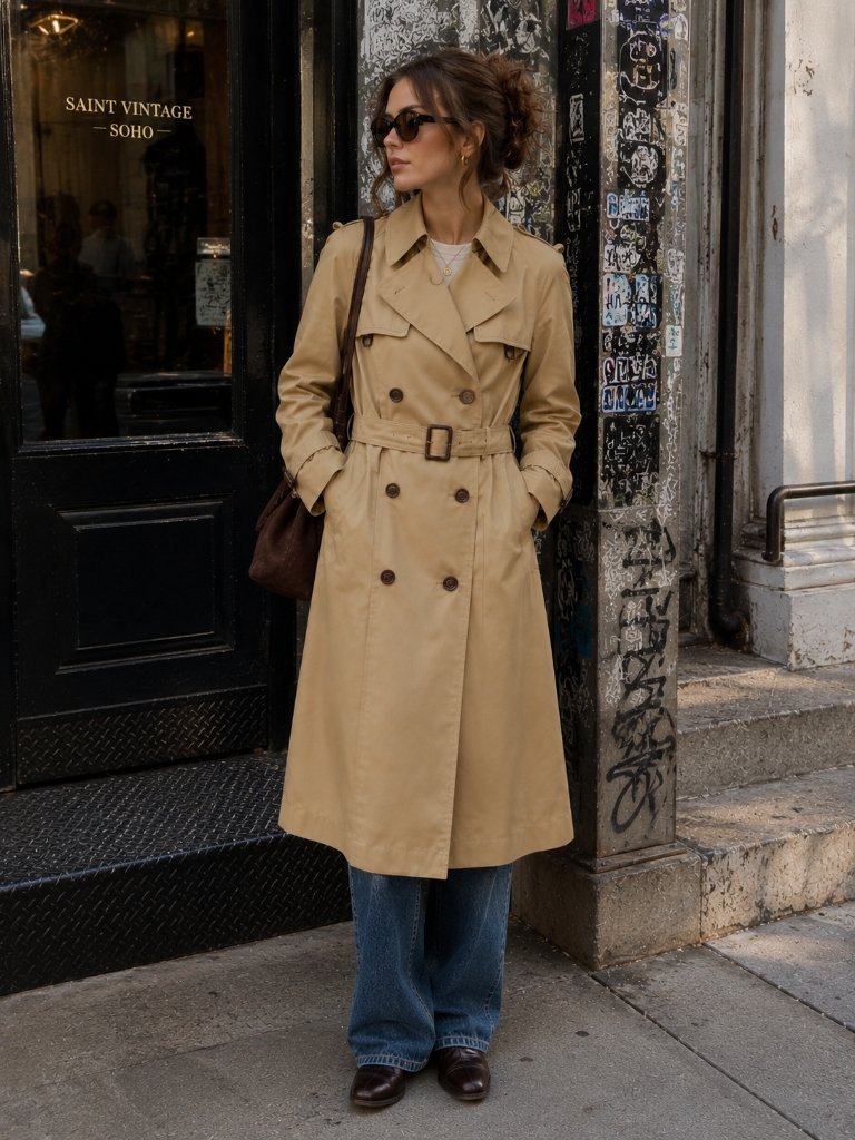 Vintage 1970s Etienne Aigner Beige Trench Coat Women’s Size 14 Leather Trim